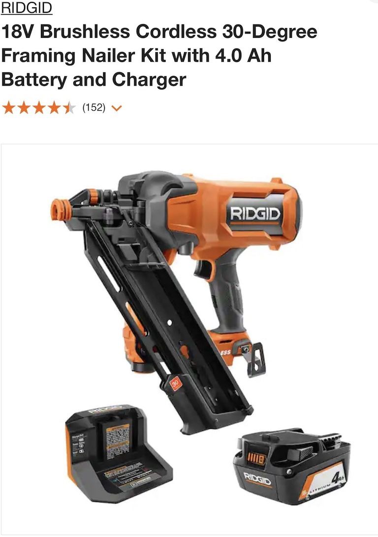 Rigid 18V Brushless cordless 30º Framer Nailer Kit ( Includes 4.0ah Battery & Charger)