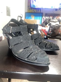 Jeffrey Campbell Angora Black Snake Embossed Leather Caged Block Heel SandalItem DescriptiontextAuthentic Jeffrey Campbell "Angora" fisherman-style ca