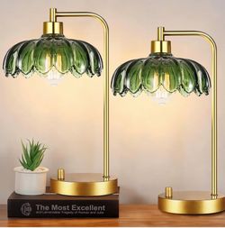 ILLMTW Set of 2 Glass Table Lamps – Gold Boho Bedside Lamps with Green Tulip Flower Shade