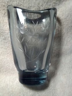 Vintage Smoked Glass Etched Floral Vase