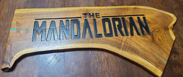 Hand-Carved Wooden Sign – The Mandalorian / Star Wars Inspired – Turquoise Inlay