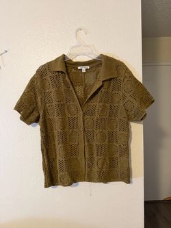 (L) Olive Green Crochet Button-Up Top