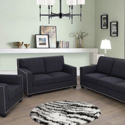 Modern Style Charcoal Linen Three Piece Couch Set