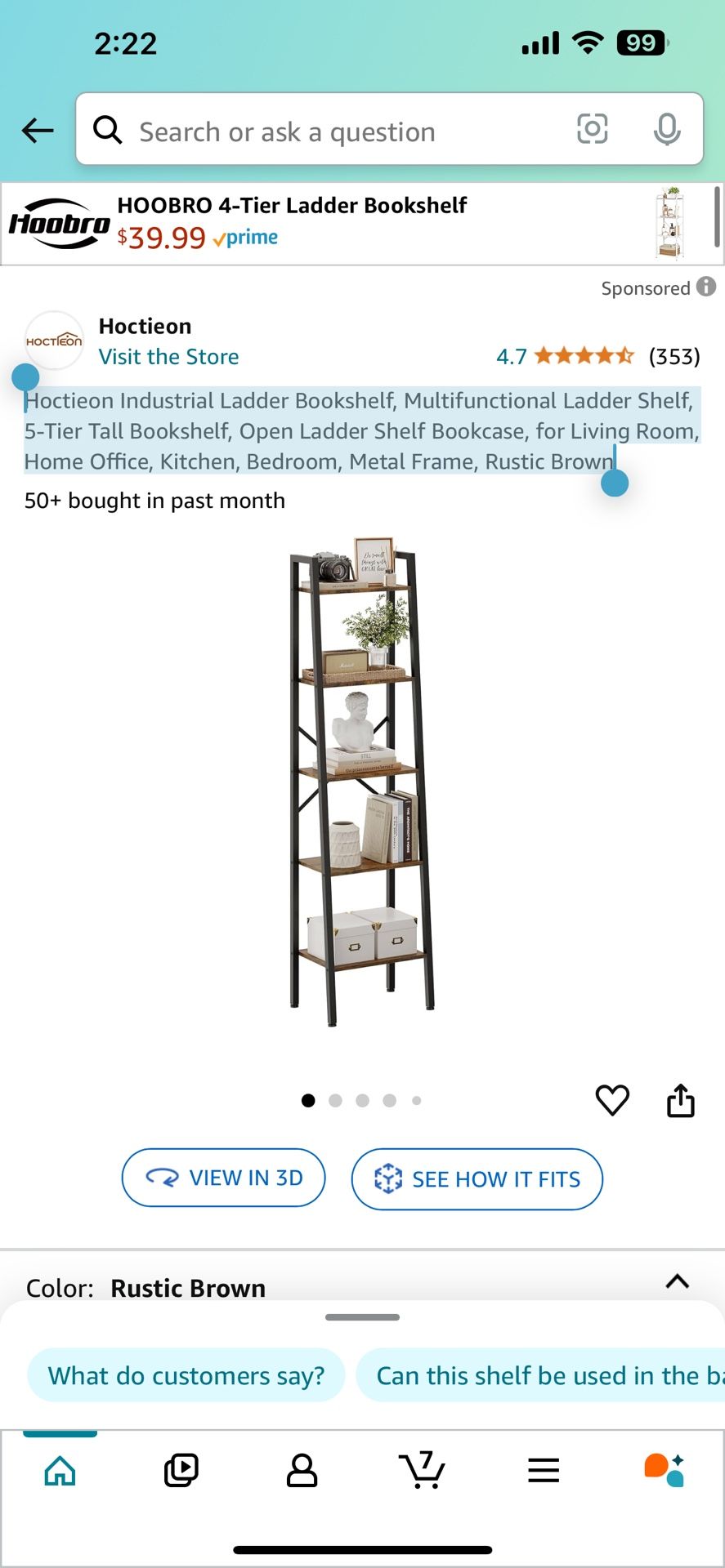 Hoctieon Industrial Ladder Bookshelf, Multifunctional Ladder Shelf, 5-Tier Tall Bookshelf, Open Ladder Shelf Bookcase, for Living Room, Home Office, K