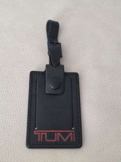 Tumi Black with Red Tumi Leather Luggage Name Tag with Buckle & Snap
