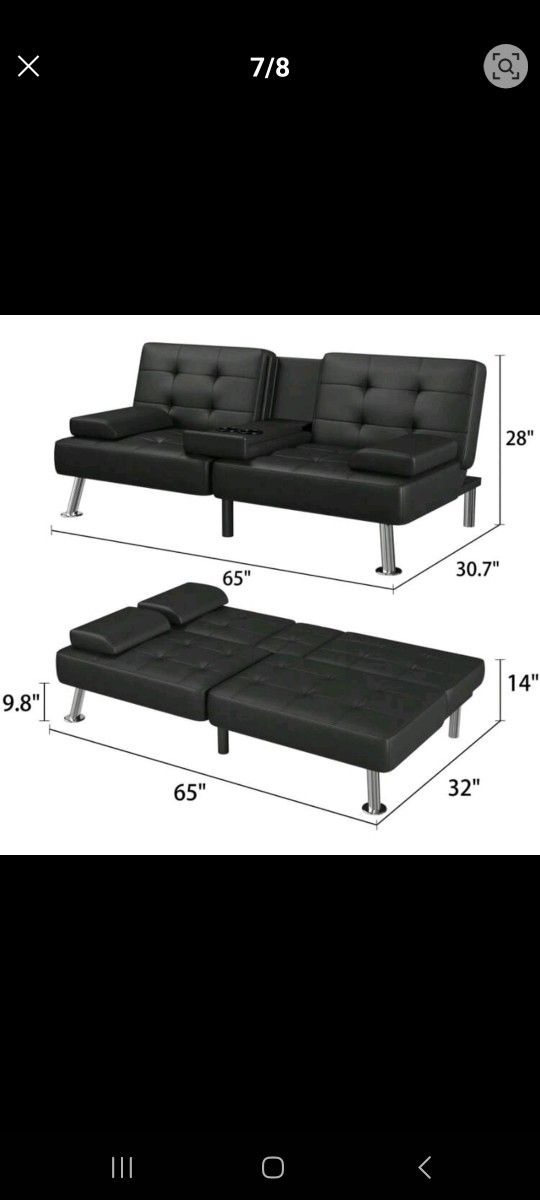 Used Futon Sofa Bed Faux Leather With Cup Holders