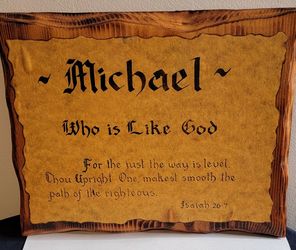 Vintage Rustic Wood Plaque - "Michael" Name Meaning & Isaiah 26:7