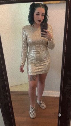 Club L London Cream Sequin Long Sleeve Mini Dress Size 6