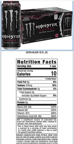 Monster Energy Ultra Black, Sugar Free Energy Drink, 16 Ounce Pack of 15
