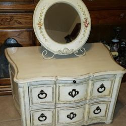 VINTAGE FRONTGATE FRONT GATE BRASS MARBLE CABINET HUTCH HAND PAINTED FLORAL FLOWER ROSE TABLE VANITY MIRROR