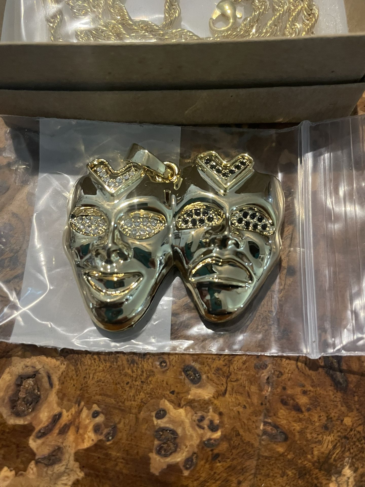 Sad Face 14K Plated Gold 3D Smile Now Cry Later Pendant 24 Rope Chain