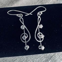 🎶 New! Sterling Silver Treble Clef Note Dangle Earrings w Zircons & Gift Bag