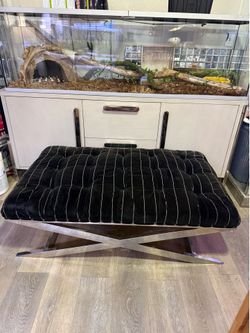 Large Custom Modern Glam Velvet Upholstered Pinstriped Bench with Chrome Base