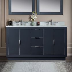VENICE-6021D-GREY-BN+TOP Venice 60"x21"x33" Solid Wood Bath Vanities Side Cabinet in Grey with Brushed Nickel Trim and Engineered Stone Composite Vani