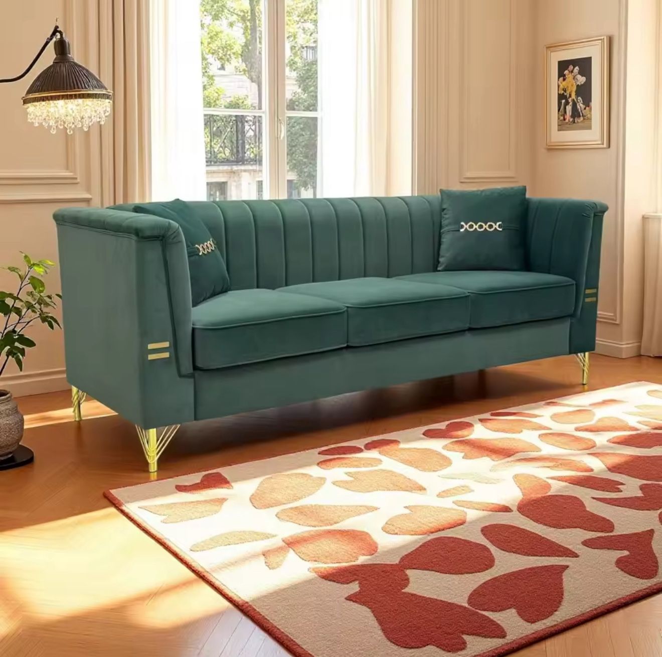 Modern Velvet 3-Seater Sofa with Gold Metal Legs – Like New 