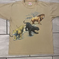 Vintage Wild Gear Animals Tee Big Cats Cheetah Lion Panther Size Large Tan Khaki