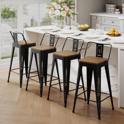 ndeworld Bar Stools Set of 4 Counter Height Stools Industrial Metal Barstools with Wooden Seats(24 Inch, Distressed Gold)