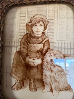 Lucid Lines Reverse Print On Glass "Little Boy With Dog" On A Wicker Frame