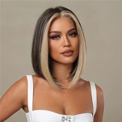 Short Hair Bob Wig, Light Brown Synthetic Fiber Wig with Spot Dyed