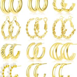 Gold hoops Earrings for Women Gold Earrings Set Twisted Huggie Hoops Earring 14K Plated Gold Jewelry for Girls Gift Lightweight 12 Pairs 