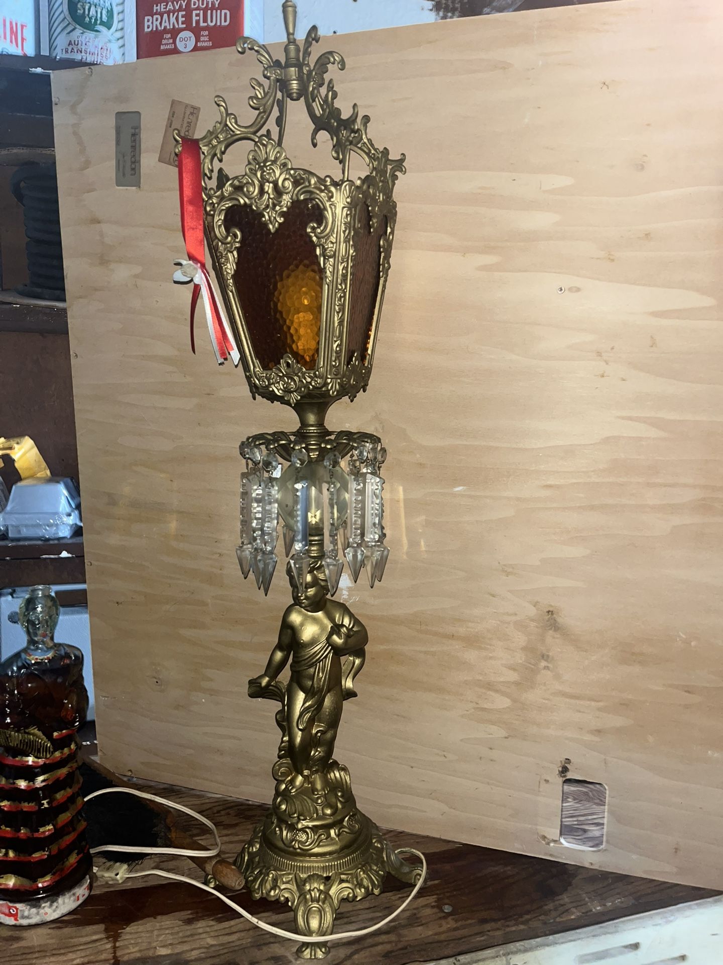 Antique Metal & Glass Cherub Lamp