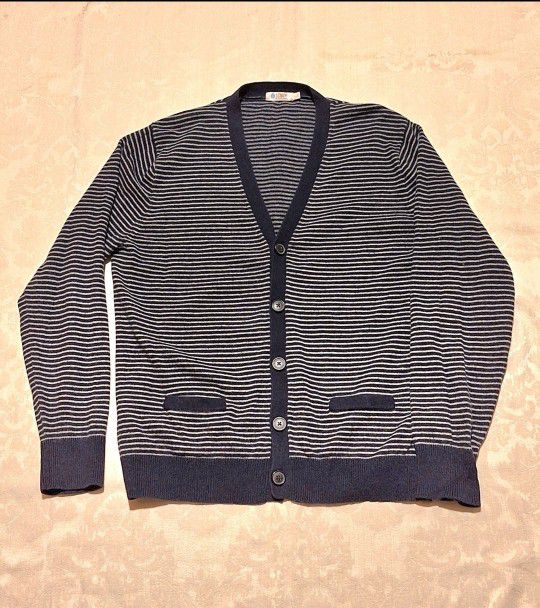 J. Crew Navy blue and white striped cardigan sweater, cotton/cashmere Sz. L