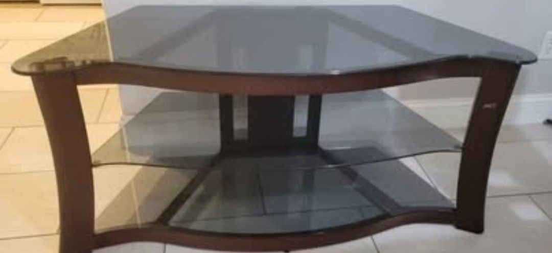 Glass and wood TV Table w 3 shelves