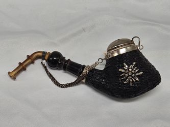 Vintage Swiss Tyrolian Smoking Pipe Tobacco Hinge Lid Chain Black Smoking BBK Silver Lidded bowl BRU