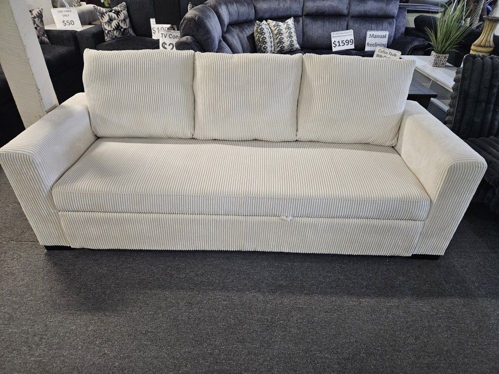 Brand New Biege Corduroy Sofa Pullout (Sofa: 85" x 32" x 33"H; Pull-Out Bed: 85" x 57" x 33"H)
