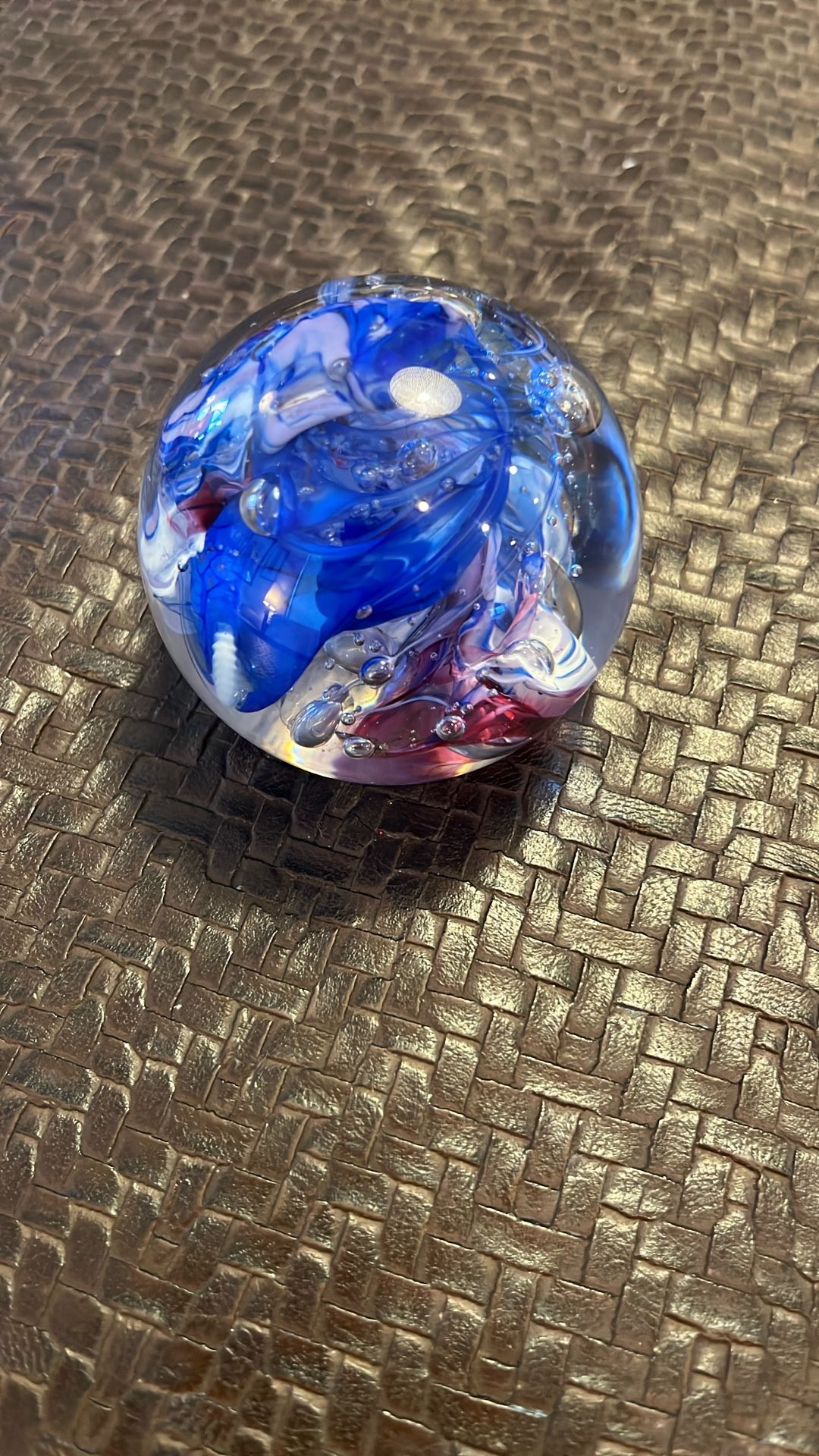 Vintage or Antique 2.5" Art Glass Paperweight Multicolor Blue & Bubbles