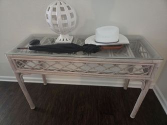 White Rattan Console Table with Glass Top