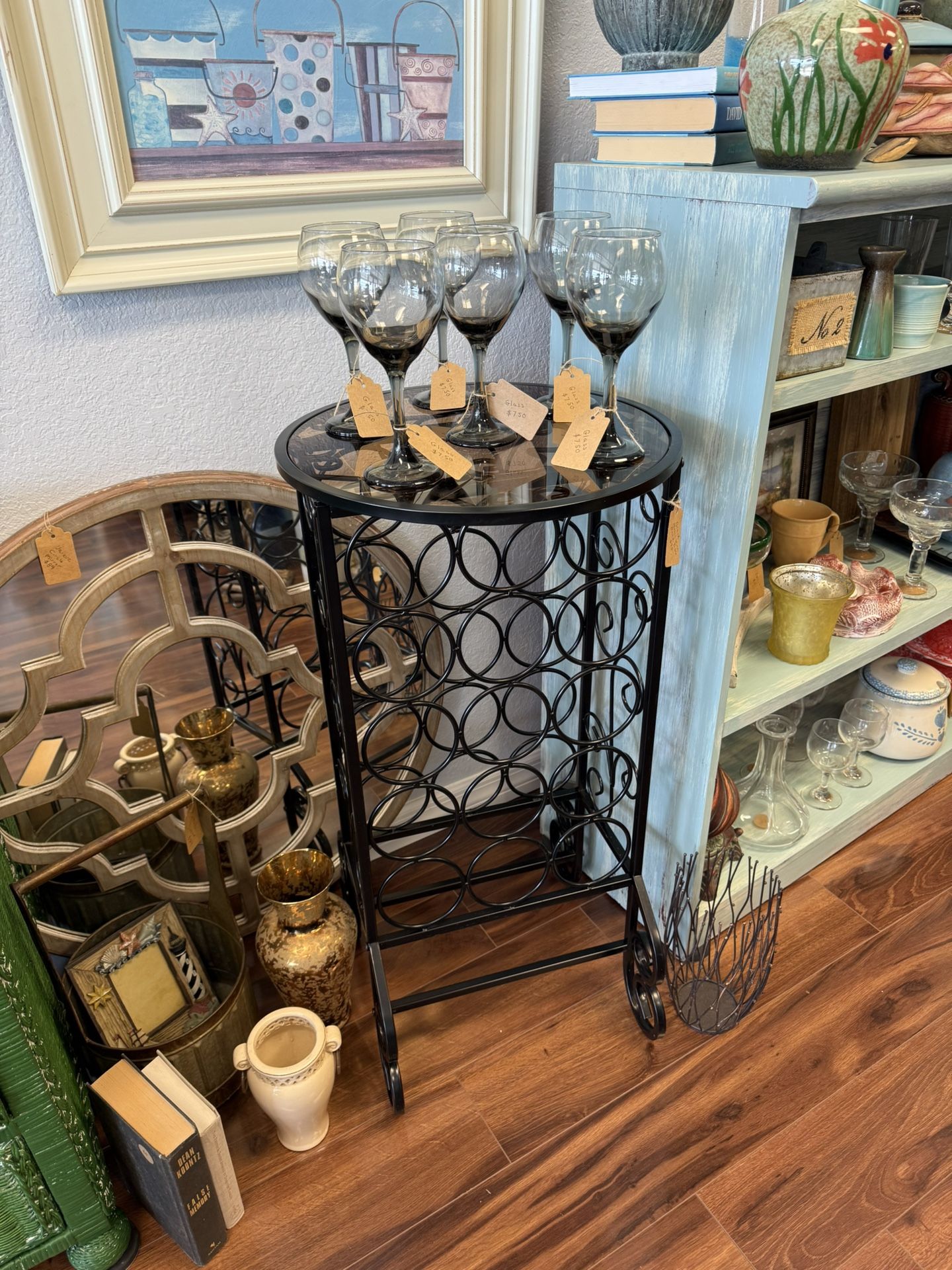 Stylish Black Metal Wine Rack Table – Holds 15 Bottles + Glass Top – $95
