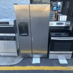 Stainless Side-By-Side Refrigerator Glass Top Stove Over The Range Microwave Dishwasher