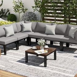 Outdoor Patio Furniture Set, 7 Piece Metal Patio Sectional Conversation Sofa, Black Wrought Iron