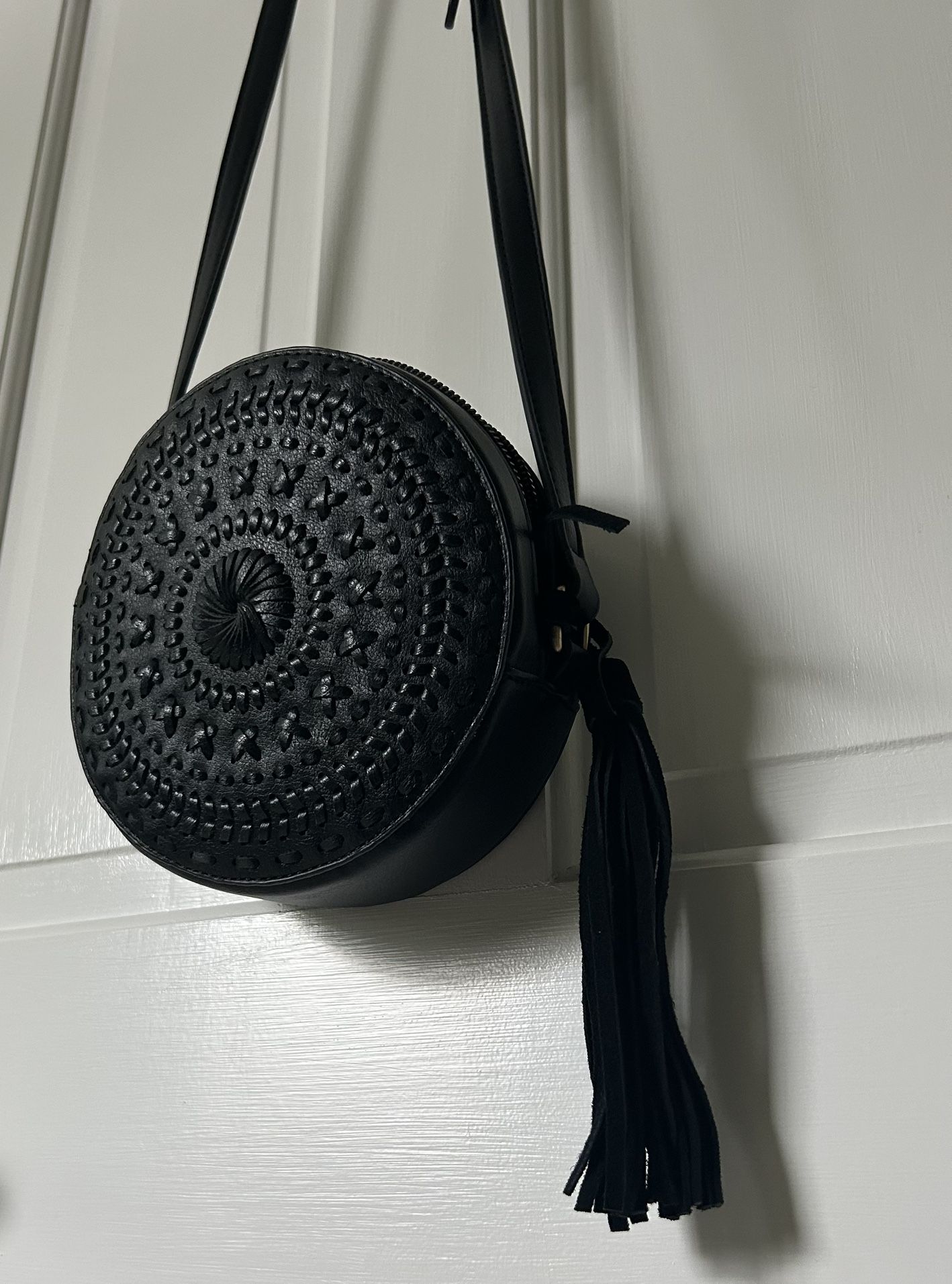 Black Round Crossbody Bag With Woven Detail & Tassel
