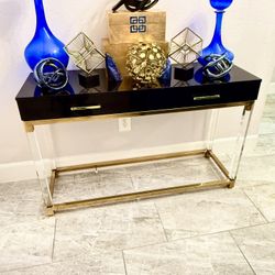 Black Console Table with Gold Trim & Acrylic Legs