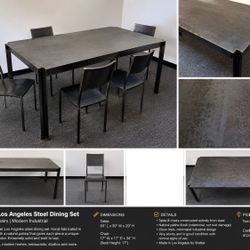 Shelter Los Angeles Blackened Steel Dining Table + 4 Chairs | Modern Industrial