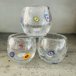 Set of 3 new unused crate and barrel blown glass votive candle holders  2 1/2” w x 2 1/2” tall  Clear heavy weighted blown bubble glass