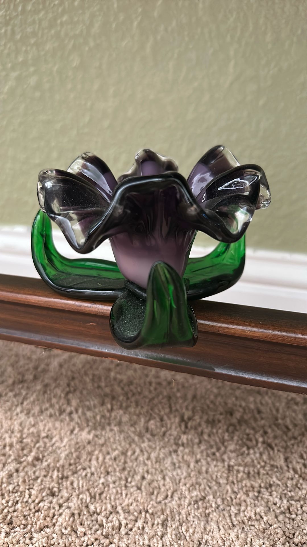 Hand-blown purple and green art glass flower candle holder