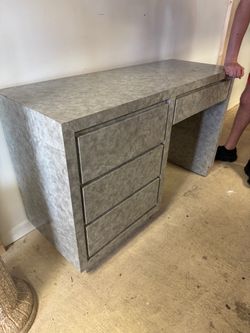 Gray Marble-Look Desk with Drawers