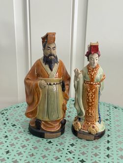 Pair of Vintage Chinese Hand-Painted Scholars with flat-wing style hats (futou)
