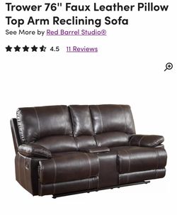 Trower 76" Faux Leather Pillow Top Arm Reclining Sofa