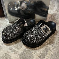 Black Crystal Embellished Mules with Plush Material