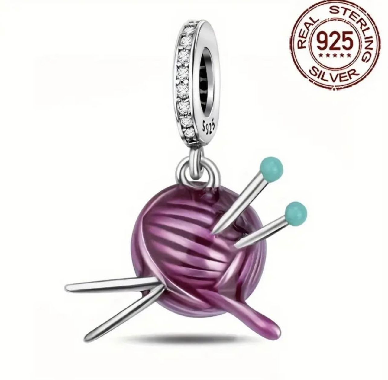 🧶 New! 925 Sterling Silver Purple Yarn Knitting Needles Charm Bead