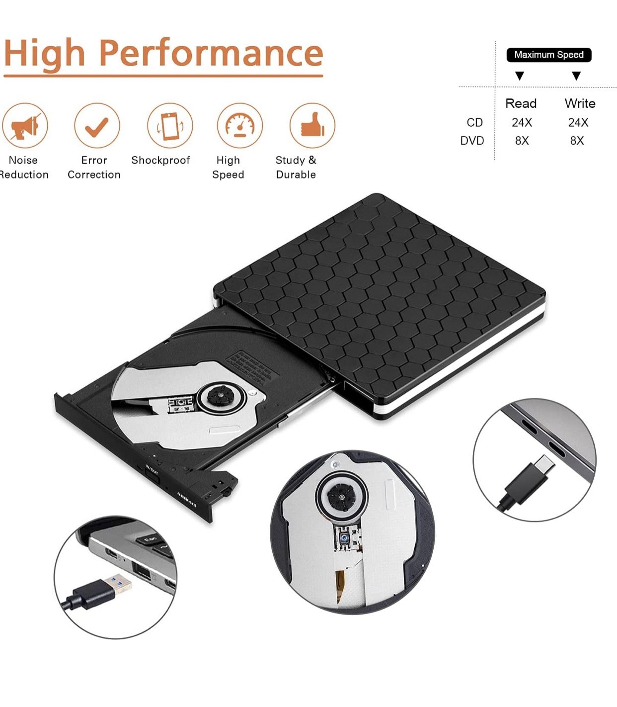 External DVD Drive, Amicool USB 3.0 TypeC CD DVD +/RW Optical Drive