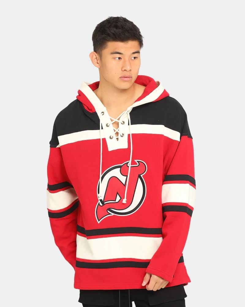 Vintage retro 47 brand new jersey nj devils nhl embroidered lacer laced hoodie jacket