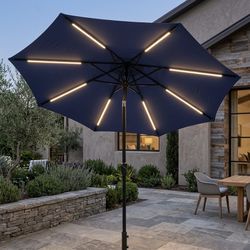 NEW Patio Umbrella With Solar LED Lights 9 Foot Outdoor Umbrella Tilt Adjustable
