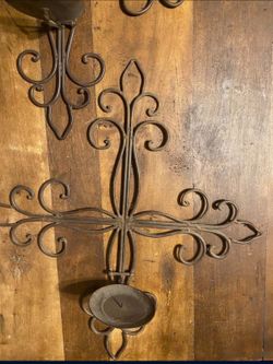 Elegant Brown Metal Wall Cross Candle Holder 