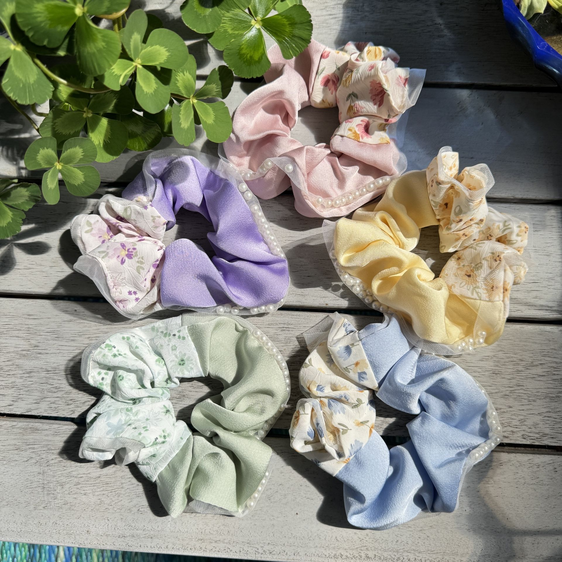 Handmade flowers Silk Hair Tie With Pearls 5 Pieces Set