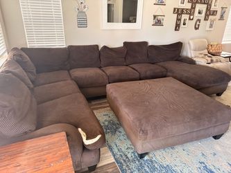 Brown Corduroy Sectional Sofa with Ottoman